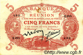 5 Francs Cabasson rouge ISLA DE LA REUNIóN  1944 P.14 EBC