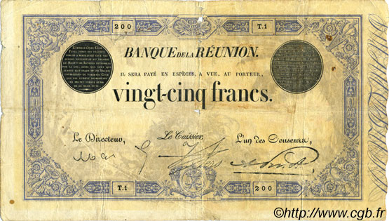 25 Francs REUNION ISLAND  1913 P.18 VG
