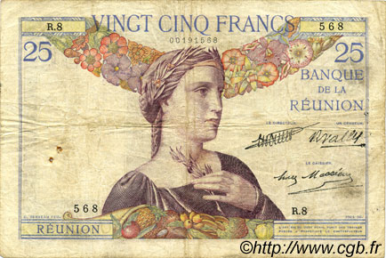 25 Francs REUNION ISLAND  1930 P.23 F+