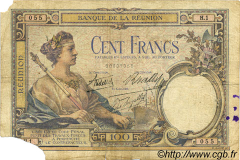 100 Francs REUNION ISLAND  1927 P.24 VG
