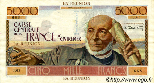 5000 Francs Schoelcher REUNION ISLAND  1946 P.48 XF-