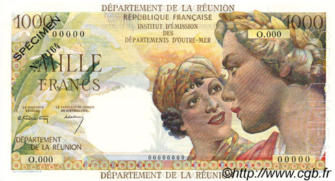 1000 Francs Union Française REUNION  1964 P.52s UNC