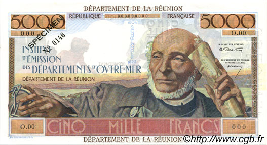 5000 Francs Schoelcher ISOLA RIUNIONE  1964 P.53s FDC