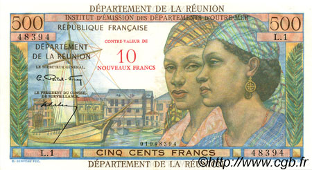 10 NF sur 500 Francs Pointe à Pitre ÎLE DE LA RÉUNION  1967 P.54a SUP+