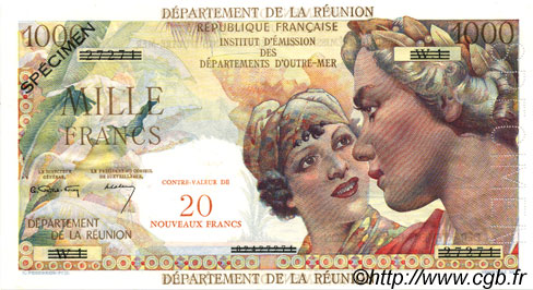 20 NF sur 1000 Francs Union Française REUNION  1967 P.55s UNC