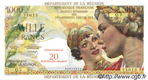 20 NF sur 1000 Francs Union Française REUNION  1971 P.55b UNC-