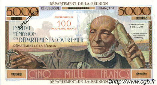 100 NF sur 5000 Francs Schoelcher ISLA DE LA REUNIóN  1967 P.56s SC