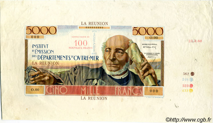 100 NF sur 5000 Francs Schoelcher ÎLE DE LA RÉUNION  1960 P.56s.var SUP