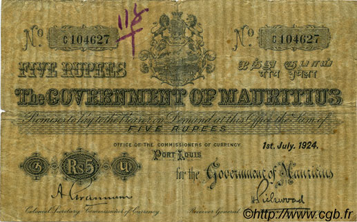 5 Rupees MAURITIUS  1924 P.16 F
