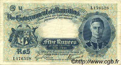 5 Rupees MAURITIUS  1937 P.22 MBC+