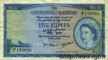 5 Rupees MAURITIUS  1954 P.27 BC+