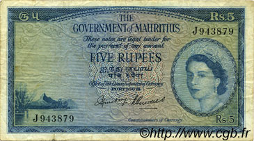 5 Rupees ISOLE MAURIZIE  1954 P.27 q.BB