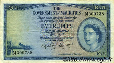 5 Rupees ISOLE MAURIZIE  1954 P.27 BB