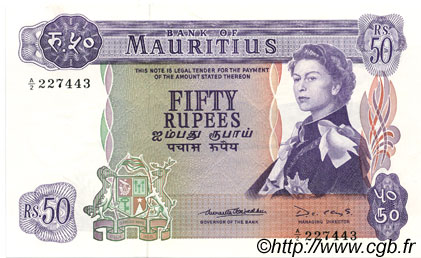 50 Rupees MAURITIUS  1967 P.33b AU