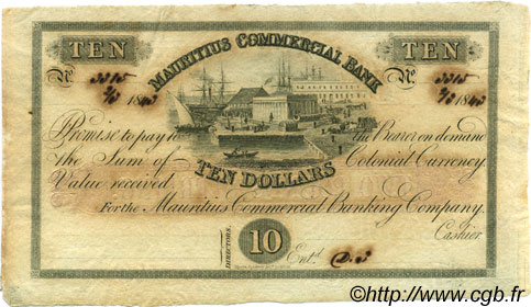 10 Dollars - 2 Pounds MAURITIUS  1843 PS.122r XF