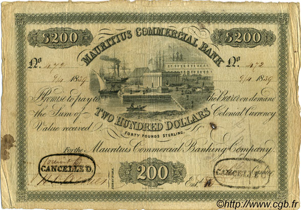 200 Dollars - 40 Pounds Sterling Annulé ÎLE MAURICE  1839 PS.128 TB