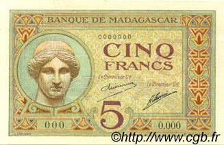 5 Francs MADAGASCAR  1926 P.035s FDC