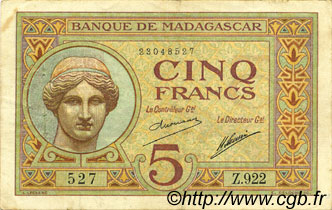 5 Francs MADAGASCAR  1926 P.035 pr.TTB