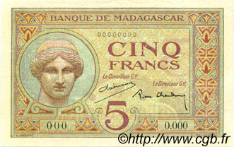 5 Francs Spécimen MADAGASCAR  1937 P.035s SC+