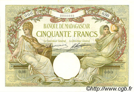 50 Francs MADAGASCAR  1926 P.038s q.FDC
