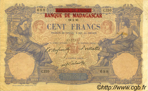 100 Francs MADAGASCAR  1893 P.034 BC+