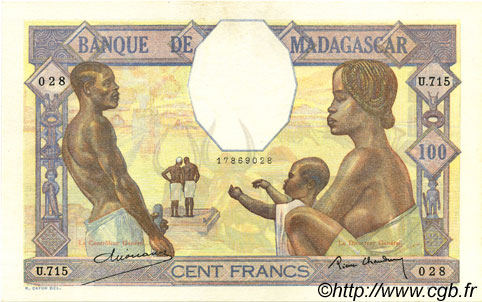 100 Francs MADAGASCAR  1937 P.040 AU