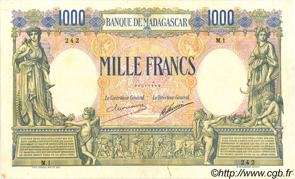 1000 Francs MADAGASCAR  1926 P.042 VF+