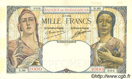 1000 Francs MADAGASCAR  1933 P.041s SPL