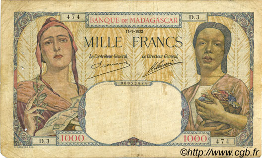 1000 Francs MADAGASCAR  1933 P.041 q.MB