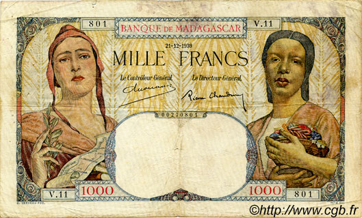 1000 Francs MADAGASCAR  1939 P.041 BC
