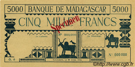 5000 Francs MADAGASCAR  1942 P.044s SC+