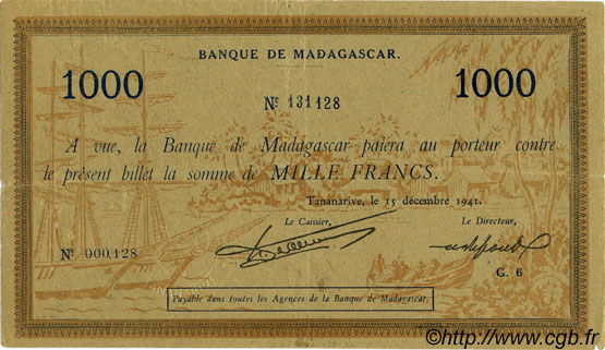 1000 Francs MADAGASCAR  1941 P.043 VF