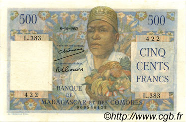 500 Francs MADAGASCAR  1952 P.047a XF