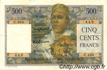 500 Francs MADAGASCAR  1955 P.047b BB
