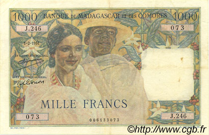 1000 Francs MADAGASCAR  1951 P.048a MBC