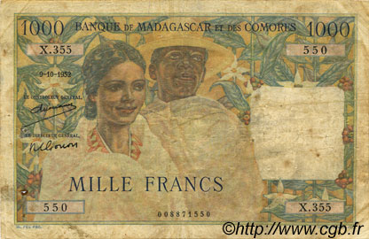 1000 Francs MADAGASCAR  1952 P.048a q.MB