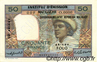 50 Francs - 10 Ariary MADAGASCAR  1961 P.051bs SC+