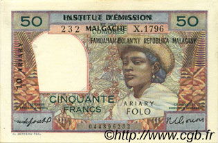 50 Francs - 10 Ariary MADAGASCAR  1961 P.051b XF+