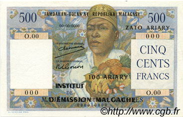 500 Francs - 100 Ariary MADAGASCAR  1961 P.053s FDC