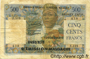 500 Francs - 100 Ariary MADAGASCAR  1961 P.053 TB+