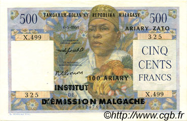 500 Francs - 100 Ariary MADAGASCAR  1961 P.053 EBC