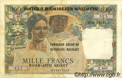 1000 Francs - 200 Ariary MADAGASCAR  1961 P.054 F+