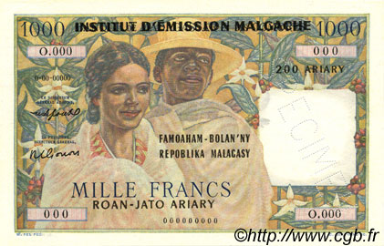 1000 Francs - 200 Ariary MADAGASCAR  1961 P.054s UNC