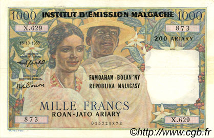 1000 Francs - 200 Ariary MADAGASCAR  1961 P.054 VF+