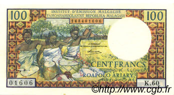 100 Francs - 20 Ariary MADAGASCAR  1964 P.057a UNC