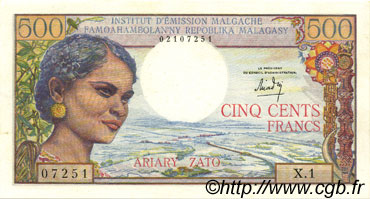 500 Francs - 100 Ariary MADAGASCAR  1964 P.058a SC+
