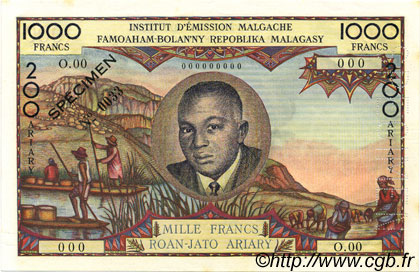 1000 Francs - 200 Ariary MADAGASCAR  1960 P.056as XF - AU
