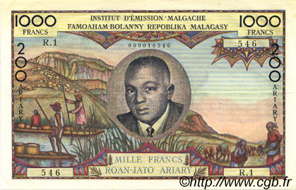 1000 Francs - 200 Ariary MADAGASCAR  1960 P.056a XF