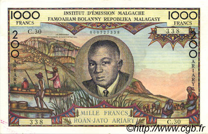 1000 Francs - 200 Ariary MADAGASCAR  1960 P.056b EBC