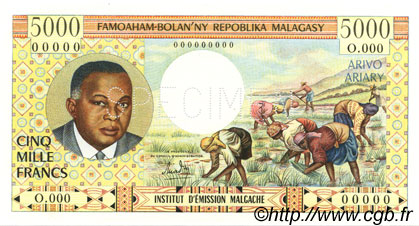 5000 Francs - 1000 Ariary MADAGASCAR  1966 P.060bs q.FDC